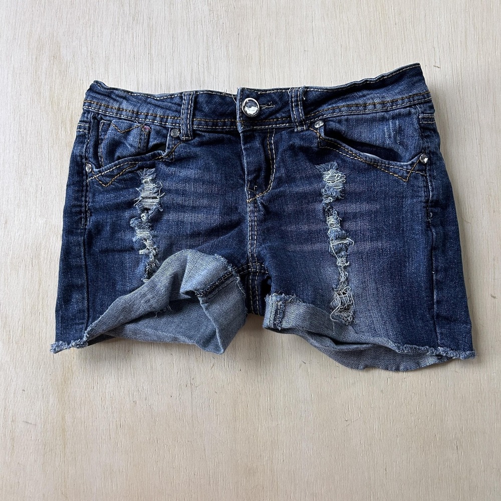 Y2K Bongo Denim Shorts Womens 9 Cut Off Distressed Cuffed Rhinestone Pockets